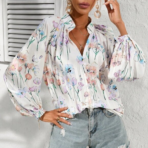 . Tops - Multicolor Boho Women's Floral Print Lantern Sleeve Shirt